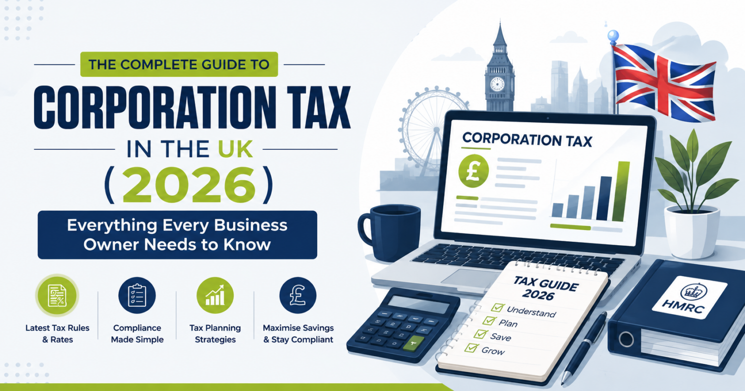 Vector illustration banner for a 2026 UK Corporation Tax guide, featuring London landmarks, a Union Jack, laptop with a corporation tax dashboard, calculator, tax guide notebook, HMRC folder, and text highlighting tax rules, compliance, tax planning, and savings