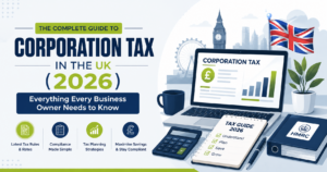 Vector illustration banner for a 2026 UK Corporation Tax guide, featuring London landmarks, a Union Jack, laptop with a corporation tax dashboard, calculator, tax guide notebook, HMRC folder, and text highlighting tax rules, compliance, tax planning, and savings